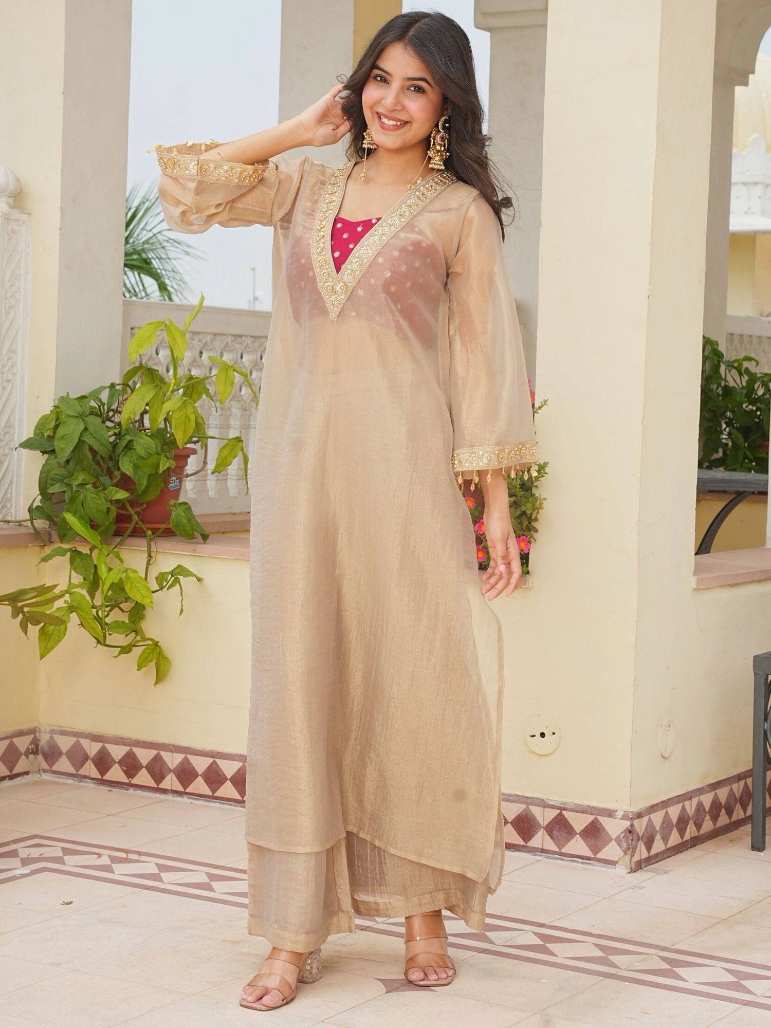 Beige Coding Sequins Embroidered with Patch Work Suit with palazzo, full length front view